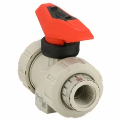 This two-piece polypropylene ball valve features a straight body with FNPT x FNPT connections and a lever handle for manual operation. It is used in industrial piping systems for controlling fluid flow, particularly in applications requiring corrosion resistance such as water treatment and chemical processing.