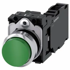 Momentary-action push button with an extended profile for easy operation. Non-metallic construction suitable for 22 mm panel mounting. Used for momentary control inputs in industrial machinery and control panels.