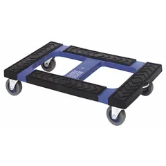 Blue flush-lip deck dolly, 30 in L x 18 in W x 7 in H, with (4) swivel casters and a tow eye. Used for moving loads in warehouses, factories, and distribution centers.