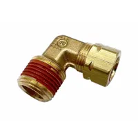 Brass compression fitting adapter with self-aligning design. Connects 1/4 in OD tubing to 3/8 in male NPT pipe thread. Type: Compression x MNPT. Used in industrial fluid systems for leak-proof connections between tubing and threaded ports