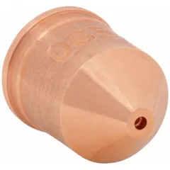 This 65 A nozzle is a consumable for Hypertherm Duramax HRT/HRTs/MRT handheld plasma torches. It directs the plasma arc for cutting conductive metals in fabrication, repair, and maintenance applications.