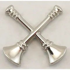 Metallic insignia featuring II Fire Bugles design, used for rank identification on fire service uniforms. Measures 3/4 inch, silver finish, metal construction with clutch pin attachment. Sold as 1 pair.