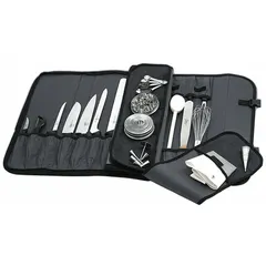 Black polyester knife case with elastic and mesh pockets for storing and transporting up to 17 knives or tools. Overall dimensions: 21 in length, 2 in width, 11 in height. Suitable for culinary, butcher, or industrial applications requiring portable cutlery organization.