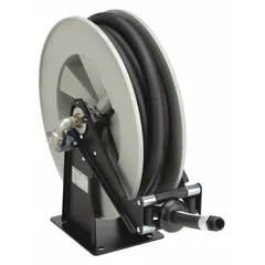 Gray spring-return hose reel with 25 ft hose capacity (3/4 in I.D.) and includes hose. Features 3/4 in MNPT hose end configuration, stainless steel swivel, and maximum operating pressure of 210 psi. Designed for dispensing and retracting diesel exhaust fluid in service bays.