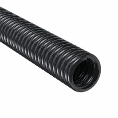 This liquid-tight flexible plastic conduit is designed for protecting electrical wiring in environments where moisture, oils, or chemicals are present. It is suitable for use in industrial settings such as machine tools, HVAC equipment, and outdoor lighting. The conduit is black with a nominal length of 100 feet and a 1/2-inch trade size.