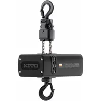 Heavy-duty theatre electric hoist for stage rigging, hook mounted without trolley. Operates on 460V AC with a single speed of 8 fpm. Headroom clearance ranges from 28 to 30 inches. Includes chain container. Suitable for lifting lighting, scenery, and equipment