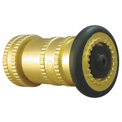 Constant pressure (automatic) fog nozzle with solid stream option. Rigid brass body with NPSH thread, twist activation. Used in fire suppression systems for adjustable water flow and stream pattern.