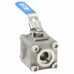 This 1-inch stainless steel vented ball valve features a straight socket x socket connection and a locking lever handle. The polymer seat material provides sealing. It is used for on/off flow control in piping systems where corrosion resistance and leak protection are required.