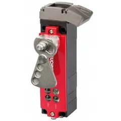 Unicode-coded safety switch with guard locking, compatible with RFID actuators. Features M12 connector with 5/8 pins, 67 mm x 52 mm housing. Not daisy-chainable. Used on industrial machinery to prevent access until hazardous motion stops.