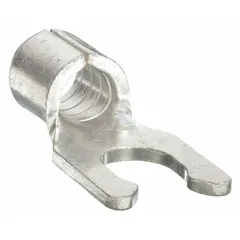 Non-insulated fork terminals for electrical connections. Locking fork design fits #8 studs. Accepts 12 AWG to 10 AWG wire. Rated 600 V. Suitable for use in control panels, machinery, and power distribution systems.