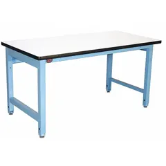 This heavy-duty open-base workstation features a laminate top measuring 72 x 36 inches in blue. It supports an overall load capacity of 5,000 lb, suitable for industrial assembly, maintenance, and testing applications where heavy equipment and materials are handled.