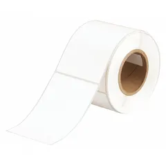 Acrylic label roll with permanent adhesive, inkjet print-receptive material. Contains 200 precut labels measuring 6 3/32 in x 4 3/32 in. Compatible with BradyJET J5000 printer series. Used for industrial identification, asset tagging, cable marking, and equipment labeling.