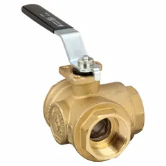 This three-way ball valve features a T flow pattern for diverting or mixing flow in piping systems. Constructed of brass with FNPT connections and a standard port ball port, it is operated by a lever handle. Suitable for applications requiring flow routing between three ports.