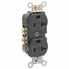 Duplex general-purpose receptacle rated 125V AC, 20A, with NEMA 5-20 configuration. Black finish, 2-pole/3-wire design. Suitable for powering equipment and appliances in commercial and industrial environments such as workshops and offices.