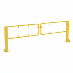 This steel dock gate is designed for personnel protection at loading dock areas. It features a yellow powder-coated finish and swings left or right to block access. The unit is sold as a single pair; lock and safety guard are not included.