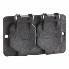 Single-gang portable power outlet box cover for duplex receptacles. Rated NEMA 3R for outdoor or damp locations. Black finish. Suitable for temporary power setups in construction or industrial environments.