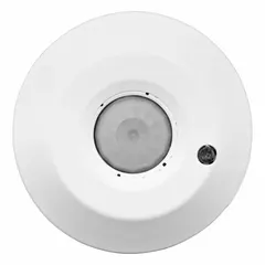 Passive infrared (PIR) ceiling-mount occupancy sensor for automatic lighting control. Operates on 120 to 277V AC. White finish. Suitable for commercial spaces such as offices, conference rooms, and warehouses.
