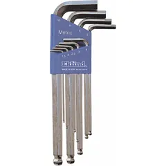 This L-shaped hex key set includes 10 pieces in metric sizes, each with a single ball end and long length for accessing recessed fasteners at an angle. The keys have a bright finish and are organized in a holder. Suitable for tightening or loosening hex socket screws in assembly, maintenance, and repair tasks.