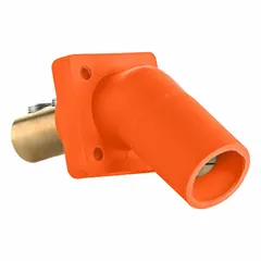 Male receptacle with angled taper nose mating and double set screw termination. Rated 400 A. Orange housing. Used for high-current connections in industrial power distribution systems.