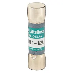 Time-delay cylindrical fuse rated 1.5 A, 250 V AC, with 13/32 in x 1 1/2 in dimensions. Provides overcurrent protection in industrial circuits where temporary inrush currents occur, such as control transformers, solenoids, and motor starters.