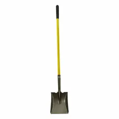 Square point shovel with a 14-gauge steel blade, black finish, and a yellow fiberglass straight handle. Designed for digging, trenching, and moving loose materials such as soil, gravel, or sand.