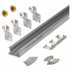 This top-mounted hanging door track kit from PRIME-LINE is designed for sliding door installations. The track measures 59 inches in length, 59 inches in width, and 1 1/16 inches in height, supporting doors up to 60 lb. Suitable for use in industrial, commercial, or warehouse settings where smooth door operation is required.