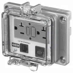 This Hubbell Access Port features a plastic cover measuring 4 1/8 in wide by 5 1/8 in high, with two ports for Ethernet wallplate applications. Rated NEMA 4, it provides protection against dust, dirt, and water splashes, making it suitable for use in industrial environments such as factories, warehouses, and commercial buildings.