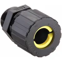 Straight nylon cable grip with 3/4 in MNPT box connection for cord diameters 0.63 to 0.75 in. Black body, yellow color-coded grommet, 2 1/8 in overall length. Rated IP66 and Class I, Division 2 for hazardous locations. Suitable for sealing and securing cables in industrial enclosures