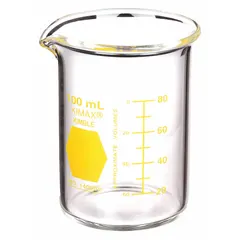 This 100 mL (3.38 fl oz) low form beaker is made from Type I borosilicate glass. The yellow color coding aids in quick identification and organization in laboratory settings. Suitable for mixing, heating, and measuring liquids.