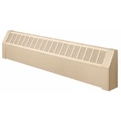 Steel cabinet for single-row hydronic baseboard heaters. Beige finish, 48 in x 14 in x 5-5/16 in. Includes two slide cradles for mounting. Used in residential or light commercial heating systems.