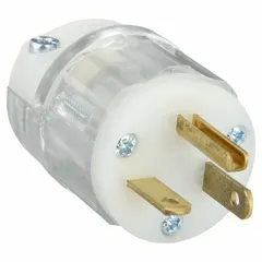General purpose straight blade plug with NEMA 5-20P configuration, rated 20 A at 125 V AC. Features 2 poles and 3 blades in a clear housing. Suitable for powering equipment in commercial and industrial settings requiring a 20 A, 125 V connection.