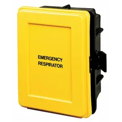 This wall-mount storage case is designed to hold emergency escape respirators. Made of plastic with a black/yellow finish, it measures 9 1/2 inches in length. Suitable for industrial environments where quick access to respiratory protection is needed.