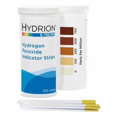 HYDRION Test Strips: Hydrogen Peroxide, 100 to 750 ppm Hydrogen Peroxide, Strip - Single-Parameter Test Strips