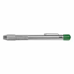 Round soapstone holder designed to securely hold standard 1/4-inch soapstone refills. Used for marking on hot, wet, or oily surfaces in welding, metal fabrication, and foundry applications. Allows precise marking on steel, iron, and other metals without smudging or fading.