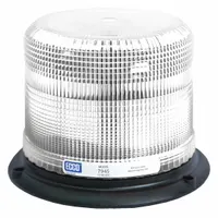 Round white LED beacon with 11 flash patterns. Operates on 12-24V DC, bolt mount, blunt cut wires, includes gasket. SAE Class 1 rated for high-visibility warning on emergency, construction, and utility vehicles