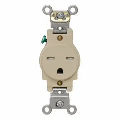 Single general purpose receptacle rated 15A at 250V AC, NEMA 6-15 type, 2-pole/3-wire configuration in ivory finish. Suitable for powering equipment requiring a 250V AC, 15A connection in commercial or industrial settings where a visible ivory device is desired.