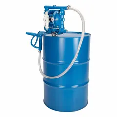 This air-operated diaphragm drum pump transfers medium-viscosity fluids up to 5,000 cps from drums. It has a 1:1 ratio, maximum flow rate of 20 gpm, and an aluminum suction tube. Suitable for industrial fluid handling of lubricants, coatings, and chemicals.