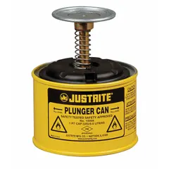 This JUSTRITE plunger can is constructed from powder coated steel in yellow. It is designed for one-hand dispensing of flammable liquids onto a swab or cloth, reducing spill and fire risk in industrial maintenance and manufacturing environments.