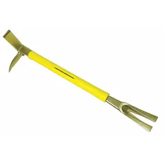 This Halligan forcible entry tool features a 30-inch round fiberglass handle for prying, twisting, and striking during emergency access. It is used by fire and rescue personnel to breach doors, windows, and barriers.