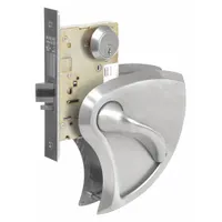 This SARGENT classroom lever lockset is constructed of stainless steel with a satin stainless steel finish. It is ADA compliant and ligature-resistant, suitable for institutional doors where safety and accessibility are required. The ANSI F05 function allows key-locking from the outside while the inside lever always opens, with no visual indicator message