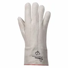 Uncoated knit gloves made of cotton with a wrist-length cuff, rated for continuous use up to 500°F. Suitable for hand protection in high-heat environments such as metalworking, glass handling, and foundry operations. Sold as 1 pair.