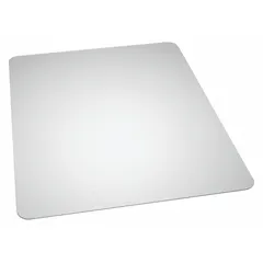 Rectangular chair mat designed for use on hardwood floors. Clear, smooth surface allows easy chair movement while protecting the floor from scratches and wear. Measures 60 inches long by 46 inches wide, 0.11 inches thick.