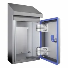 Type 304 stainless steel enclosure with sloped top, measuring 17 x 8 x 6 inches. Features a 1/4-turn latch closure and is rated NEMA 1, 12, 13, 3, 3X, 4, and 4X for indoor and outdoor use where protection against dust, water, and corrosion is required. Knockouts are not included.
