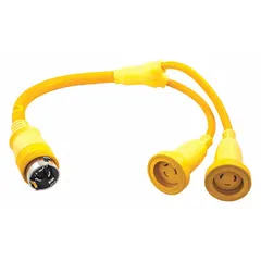 This twist-lock plug extension cord adapter with splitter is 3-1/2 ft long and accepts wire sizes from 6 AWG to 10 AWG. Rated for 120/240V AC, it operates in temperatures from -40° to 75°F. Suitable for connecting and splitting power in marine and other outdoor environments requiring a secure locking connection.