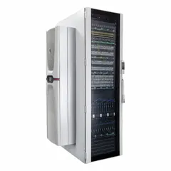 This 42U NEMA 12-rated micro data center system supports a maximum IT load of 2.6 kW. It includes a Blue e+ roof-mounted cooling unit, a C20 input UPS, a TAA-compliant basic PDU, and a metered PDU with C20 or L6-20P input. Input voltage is single-phase 110 to 240V AC or three-phase 380 to 480V AC. Suitable for edge computing and small IT deployments requiring a secure, climate-controlled enclosure.