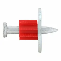 Pack of 100 pins with pre-assembled washers for use with powder-actuated tools. Features a 0.15 in shank diameter and 0.3 in head diameter. Commonly used for fastening materials such as furring strips, electrical boxes, and metal decking to concrete or steel.