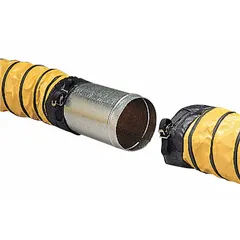 Steel straight connector for joining two sections of ductwork in ventilation or exhaust systems. 16-inch outlet diameter with raised lip for secure alignment. Silver finish. Non-conductive material construction.