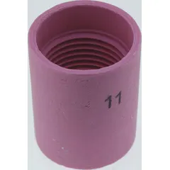 Gas lens nozzle made of alumina, model No. 11, standard size. Used in TIG welding to improve shielding gas coverage and reduce turbulence. Suitable for welding stainless steel, aluminum, and other non-ferrous metals in fabrication, maintenance, and repair applications. Sold in a pack of 10 units.