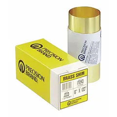 Brass shim stock roll, Grade 260, 6 inches wide, 180 inches long, 0.007 inch thick. Width tolerance +/-0.008 in, thickness tolerance +/-0.001 in, length tolerance +3.000/-0.125 in. Used for precise spacing, alignment, and leveling in industrial machinery and assemblies.
