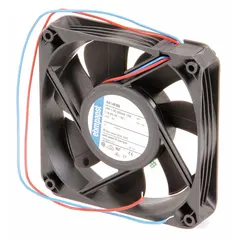 Standard square axial fan for cooling and ventilation in enclosures, electronics cabinets, and HVAC systems. Delivers 132 cfm at 0.000 in static pressure. Operates on 24V DC with polyamide blade material. Measures 4 11/16 in height by 1 in depth. Features lead wire connections and IP20 rating.
